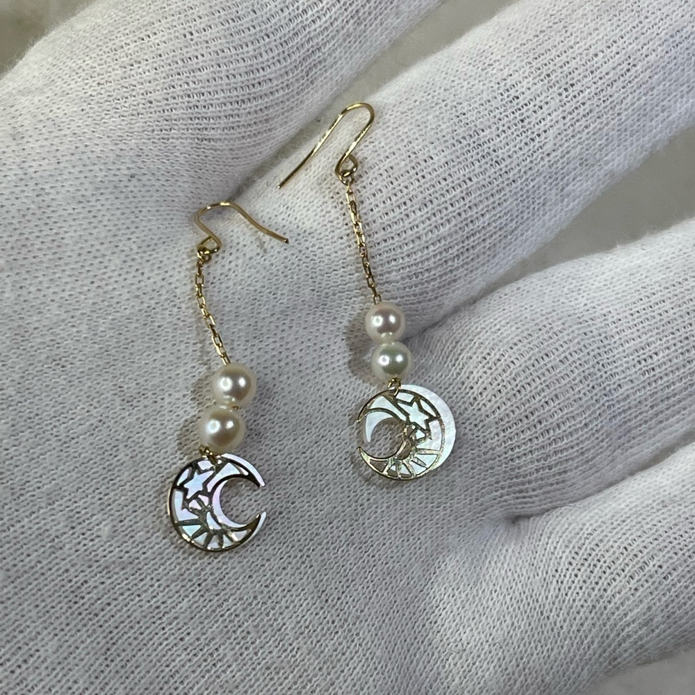14k japan yellow gold dangling earrings with fresh water pearl - Picture 5 of 11